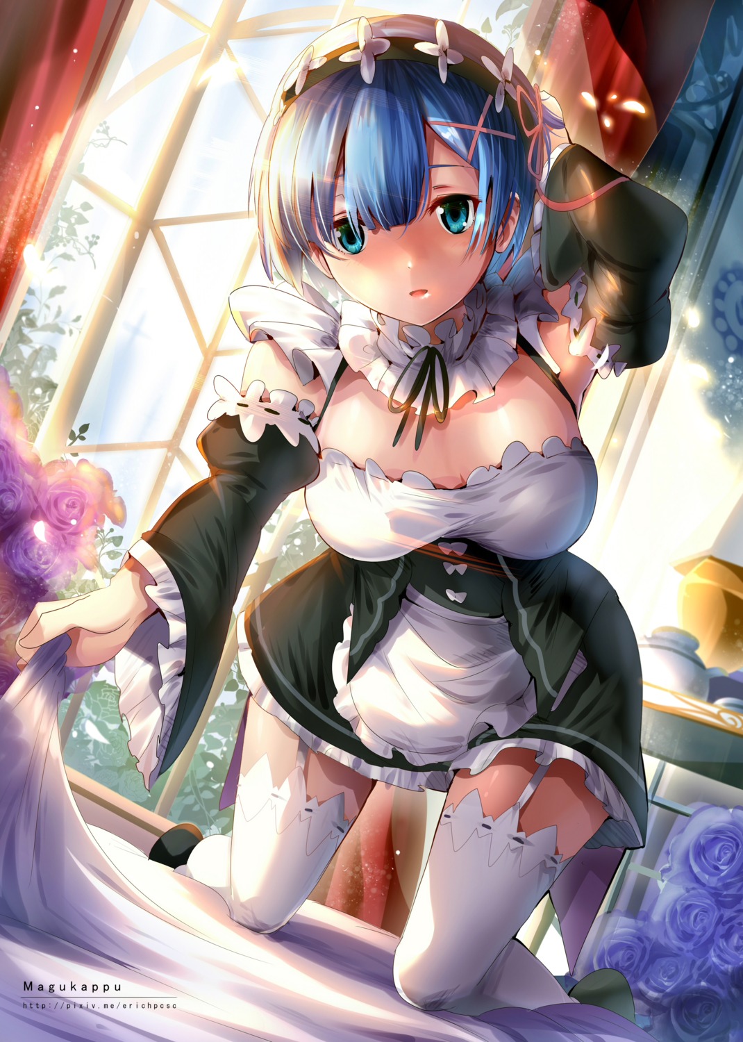 cleavage, maid, re:zero_kara_hajimeru_isekai_seikatsu, rem_(re_zero), stockings, thighhighs, umakatsuhai