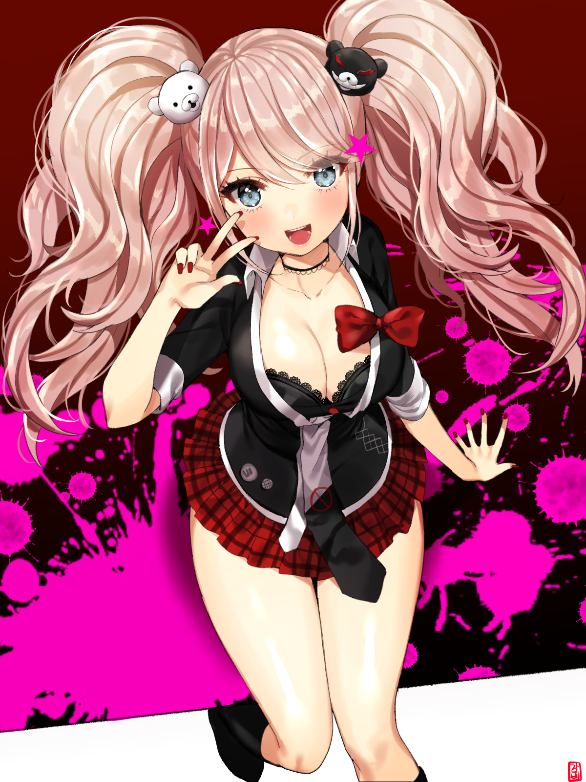 bra, cleavage, dangan-ronpa, enoshima_junko, gabe_(seelunto), open_shirt, seifuku