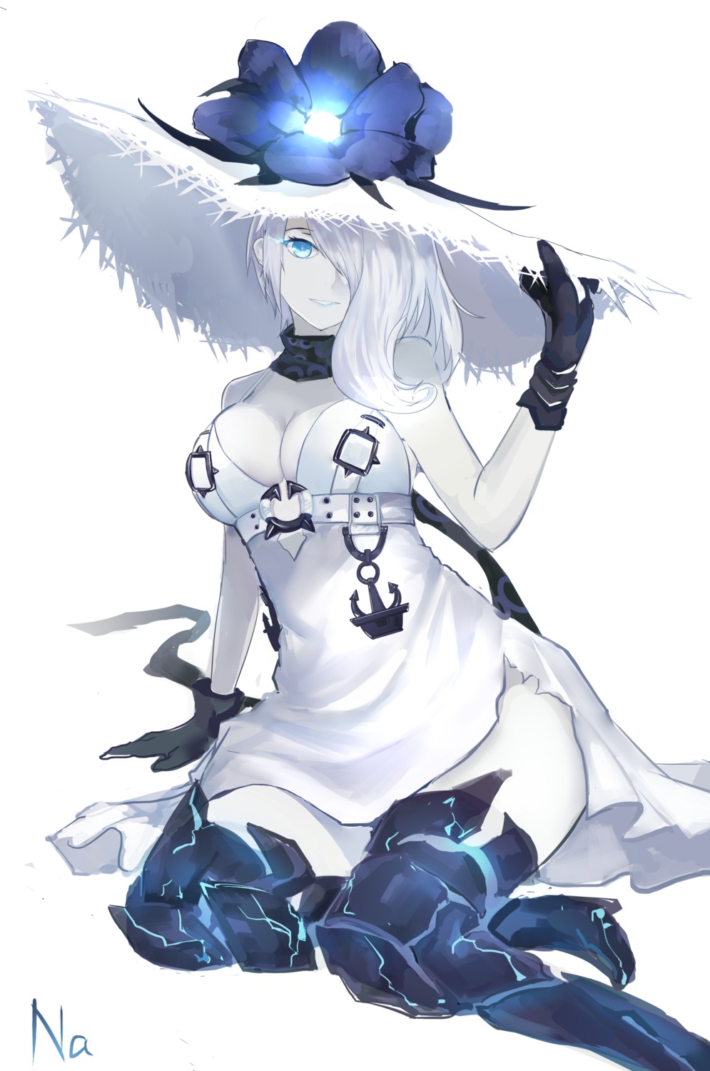 annnna, cleavage, dress, heels, kantai_collection, no_bra, seaport_summer_hime, thighhighs