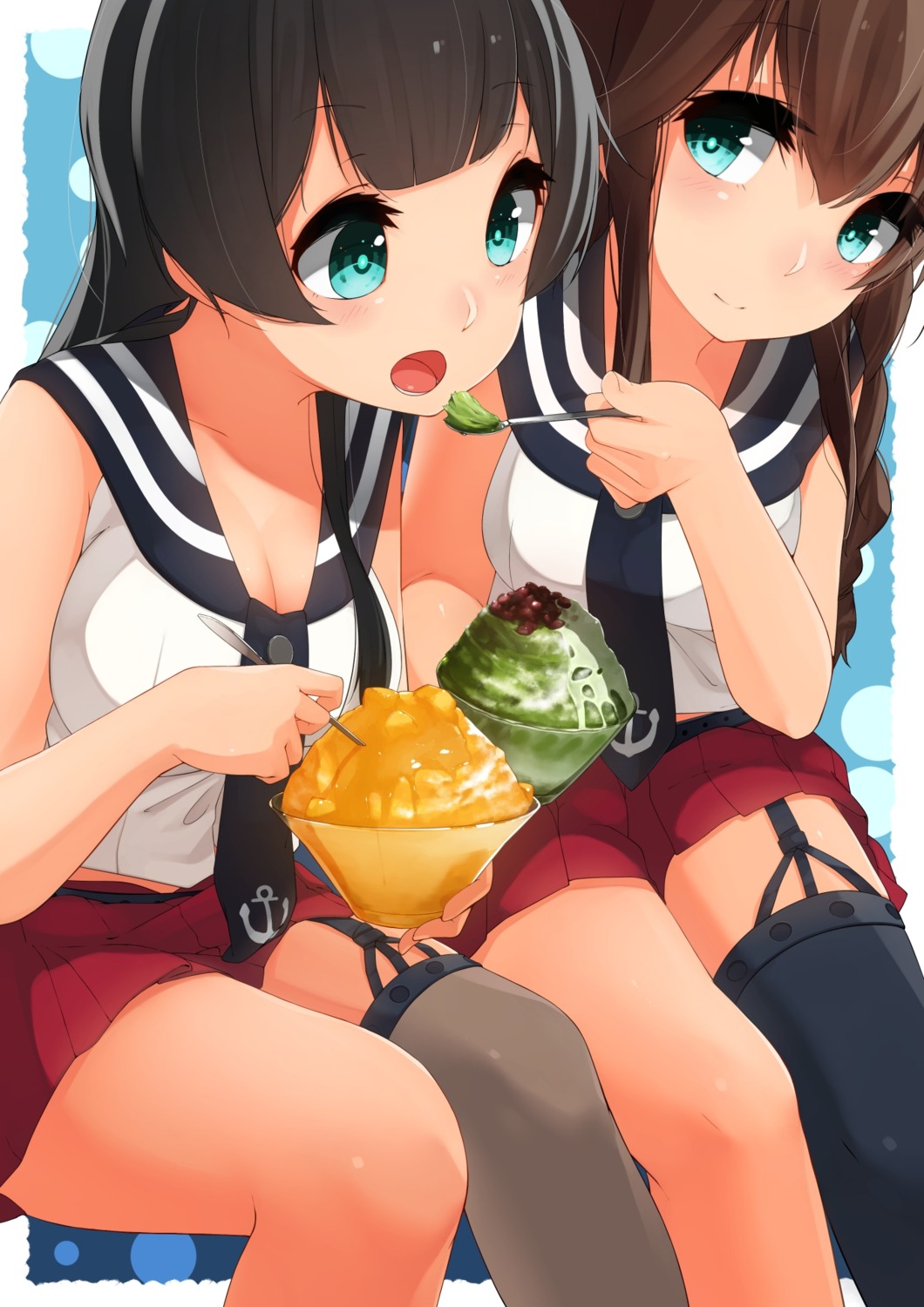agano_(kancolle), cleavage, kantai_collection, noshiro_(kancolle), seifuku, stockings, suginoji, thighhighs