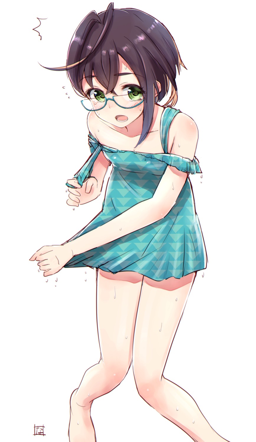 dress, kantai_collection, megane, nayuhi, okinami_(kancolle), undressing, wet_clothes