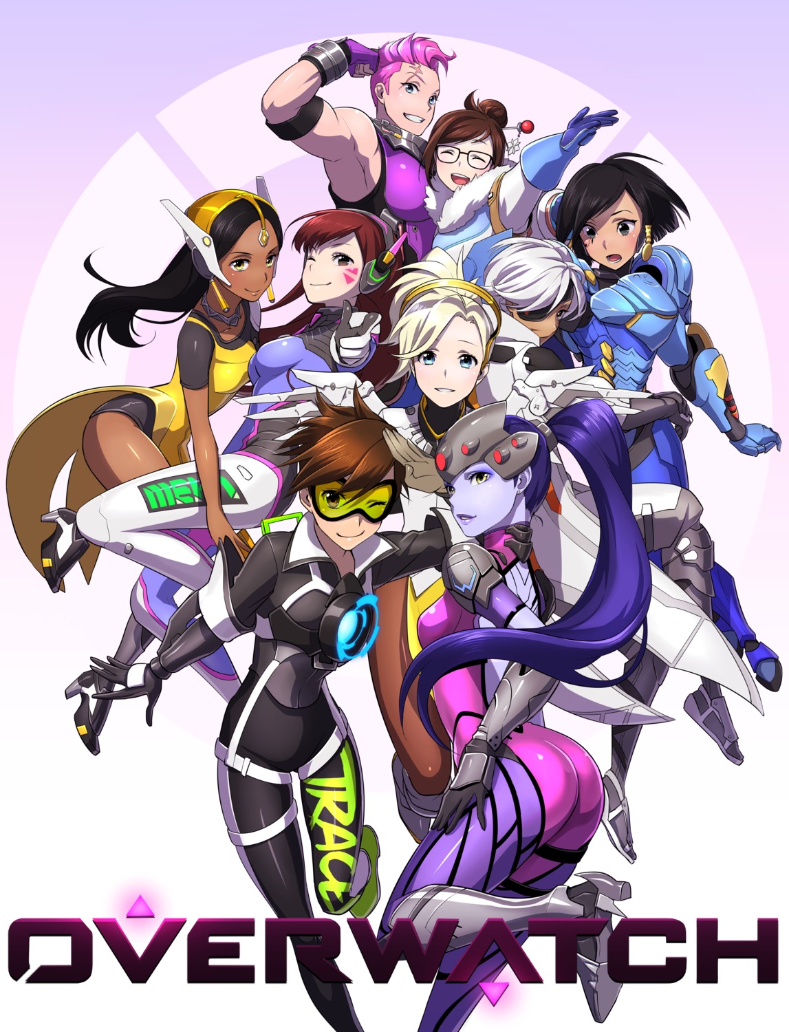 ana_(overwatch), ass, bodysuit, d.va, eyepatch, headphones, heels, kalua, megane, mei_(overwatch), mercy_(overwatch), no_bra, overwatch, pharah, symmetra_(overwatch), tattoo, tracer, widowmaker, wings, zarya