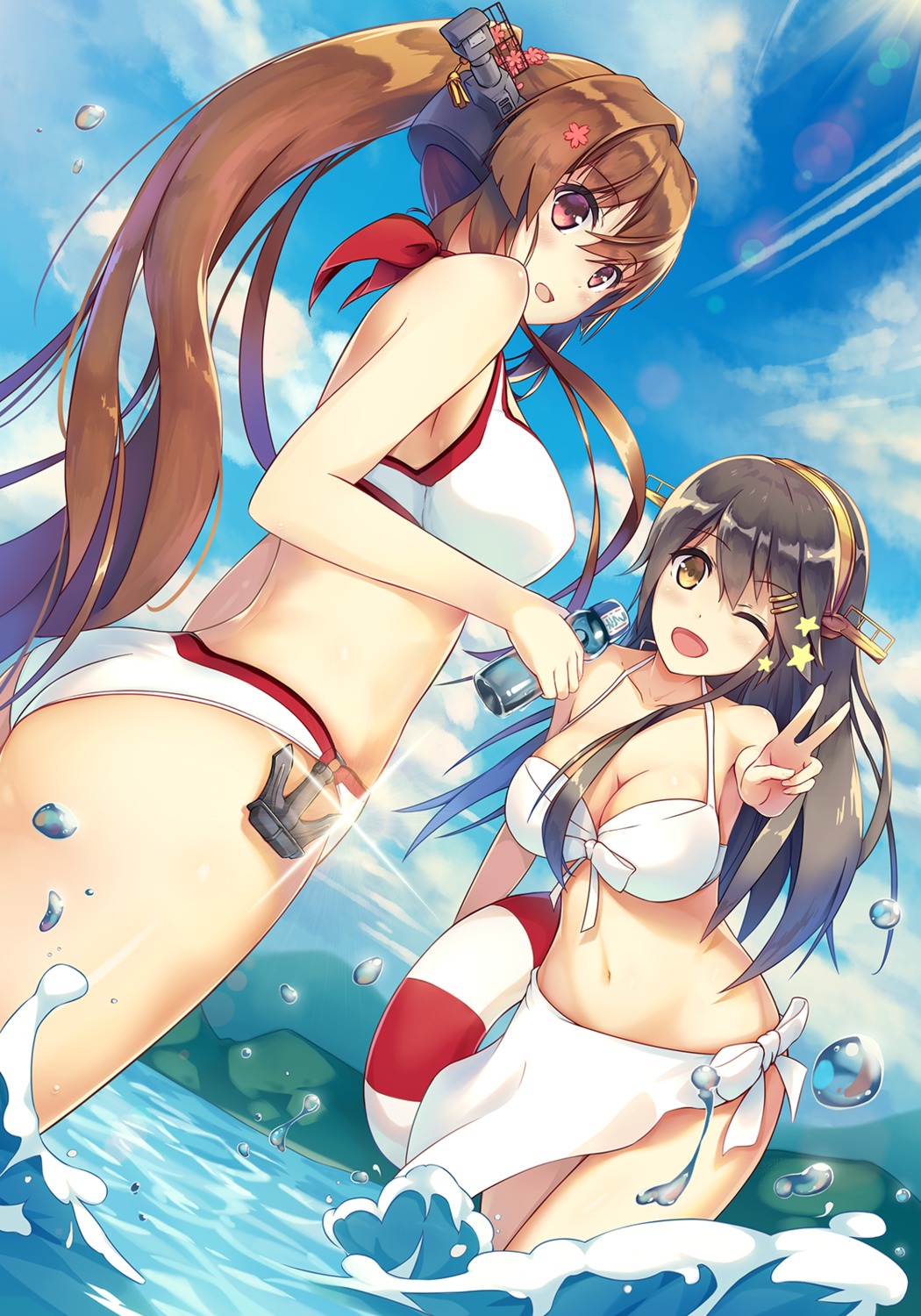bikini, cleavage, haruna_(kancolle), kantai_collection, swimsuits, touken, wet, yamato_(kancolle)