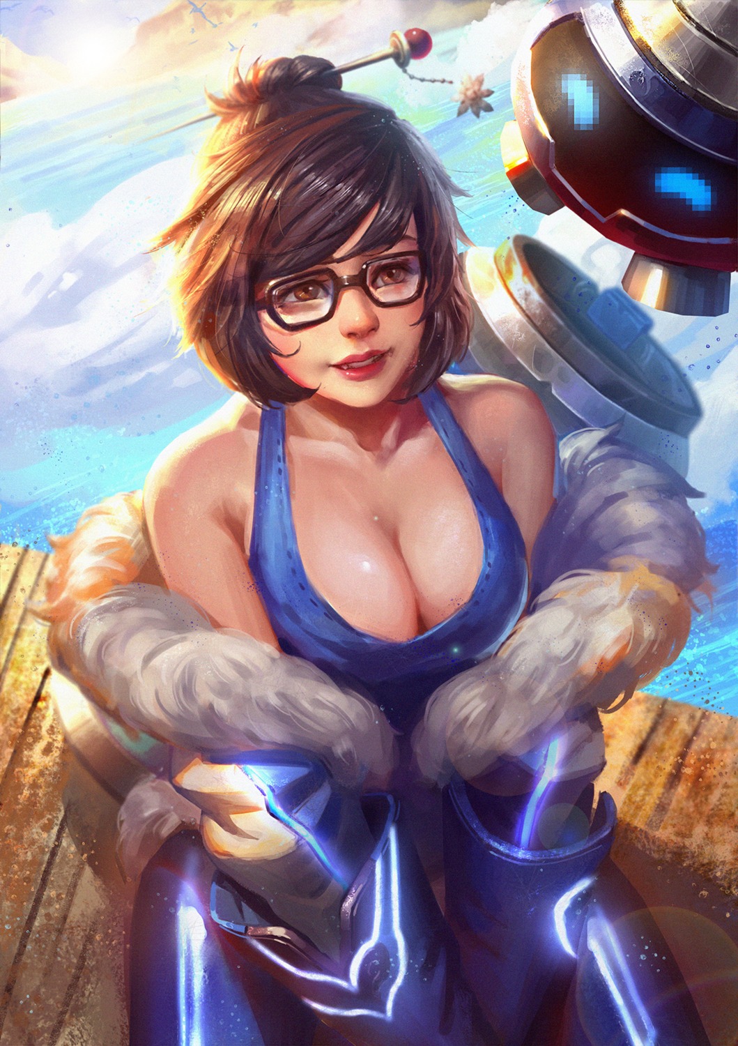 cleavage, megane, mei_(overwatch), open_shirt, overwatch, x.four