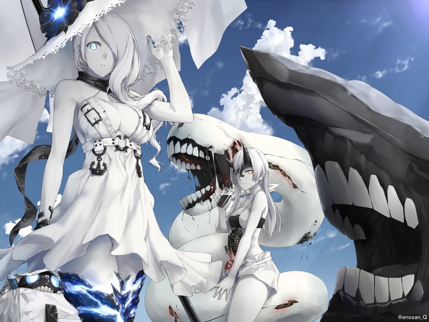 bikini_top, cleavage, dress, enosan, heavy_cruiser_summer_hime, horns, kantai_collection, no_bra
