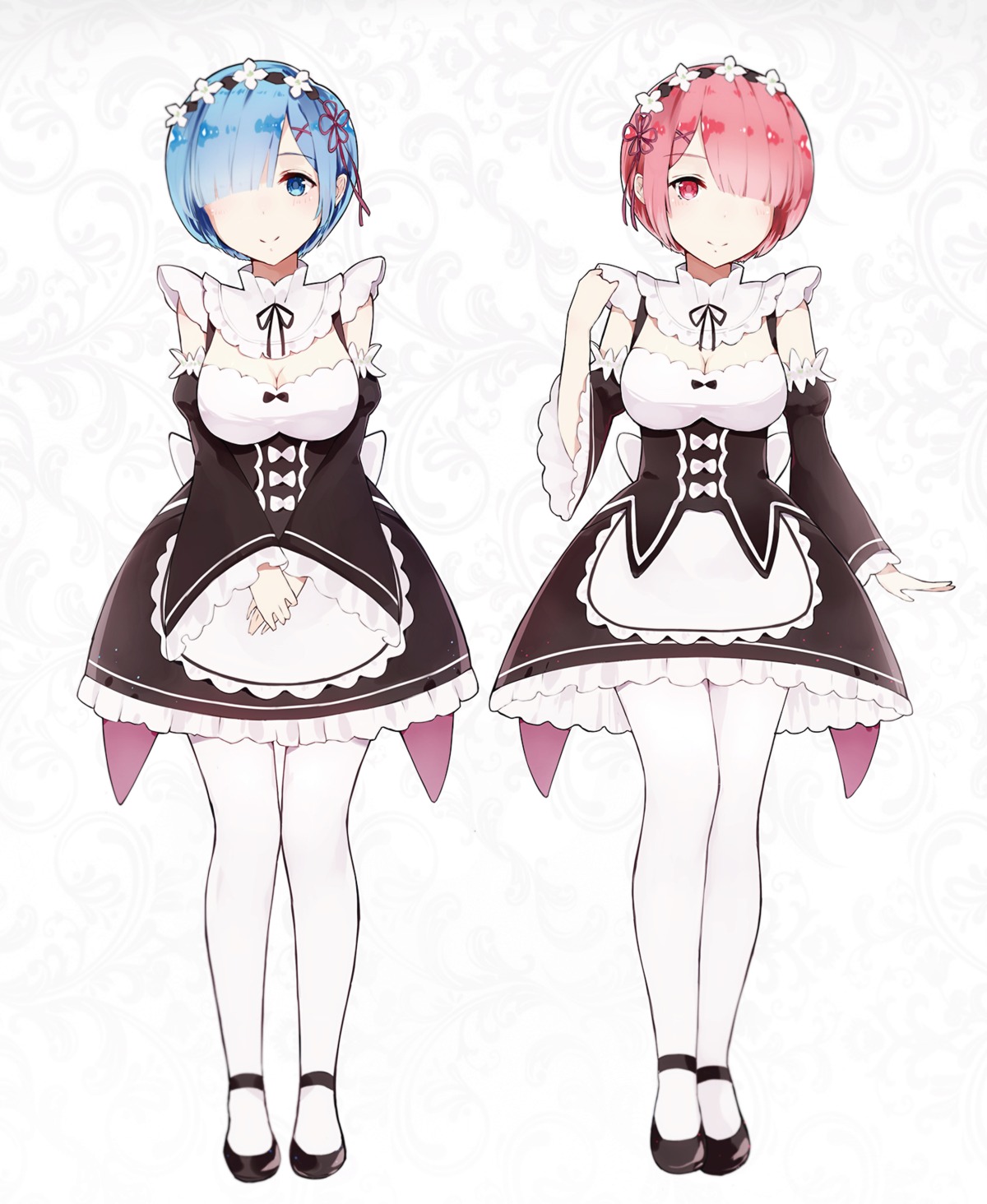 cleavage, gkn, maid, pantyhose, ram_(re_zero), re:zero_kara_hajimeru_isekai_seikatsu, rem_(re_zero)
