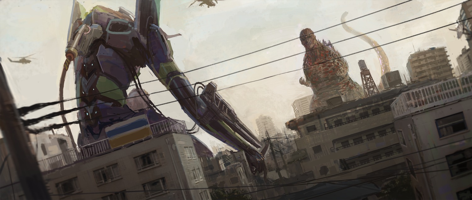 crossover, godzilla, godzilla_(series), landscape, mecha, monster, neon_genesis_evangelion, shion_(mirudakemann)