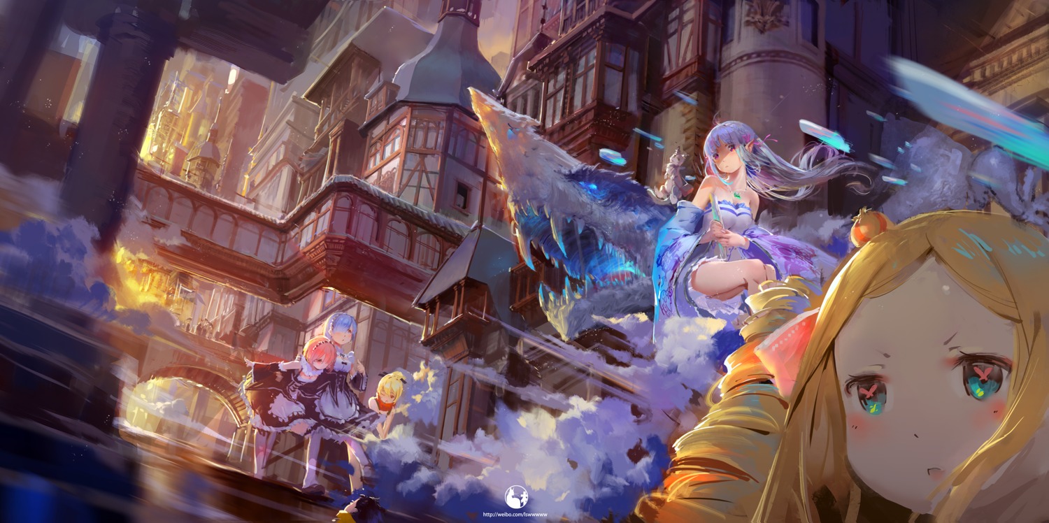 beatrice_(re_zero), dress, elf, emilia_(re_zero), felt_(re_zero), landscape, maid, monster