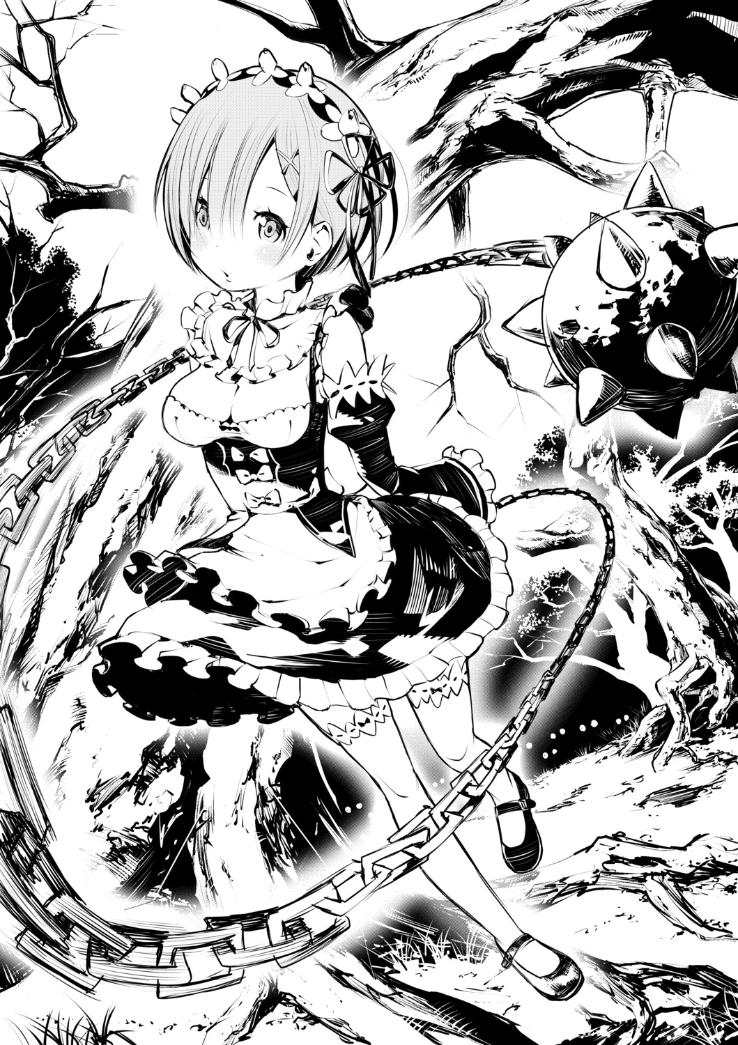 cleavage, fukushima_masayasu, maid, monochrome, re:zero_kara_hajimeru_isekai_seikatsu, rem_(re_zero), thighhighs, weapon