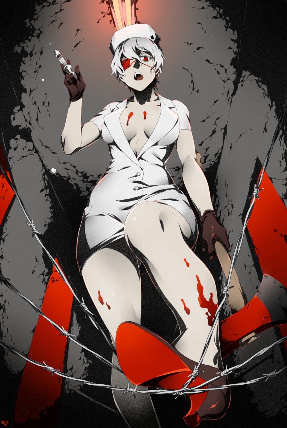 arisawa_kuro, blood, cleavage, eyepatch, heels, no_bra, nurse, open_shirt, weapon