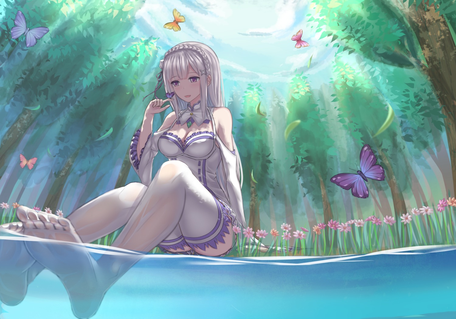cleavage, dress, emilia_(re_zero), feet, mizuha_(zxass0612), re:zero_kara_hajimeru_isekai_seikatsu, thighhighs, wet