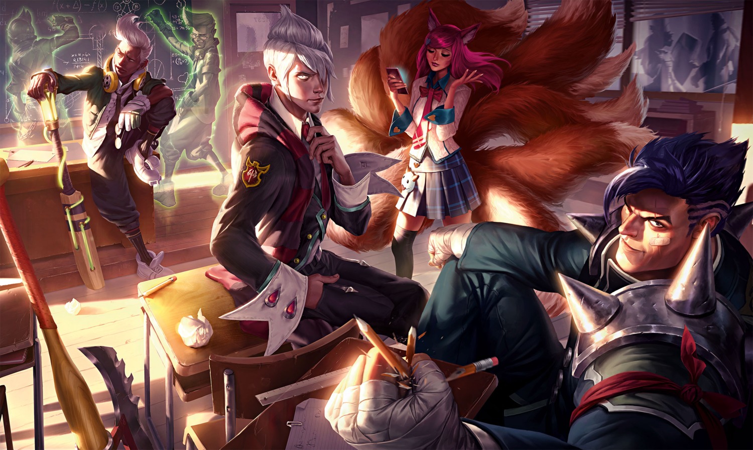ahri, animal_ears, armor, bandages, darius, ekko_(league_of_legends), headphones, league_of_legends, megane, seifuku, tagme, tail, thighhighs, vladimir_(league_of_legends), weapon
