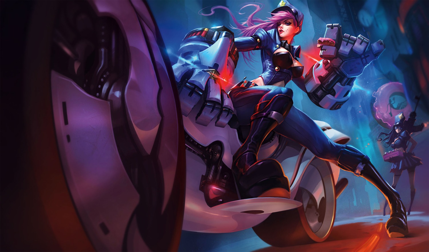caitlyn, cleavage, gun, heels, jinx, league_of_legends, megane, police_uniform