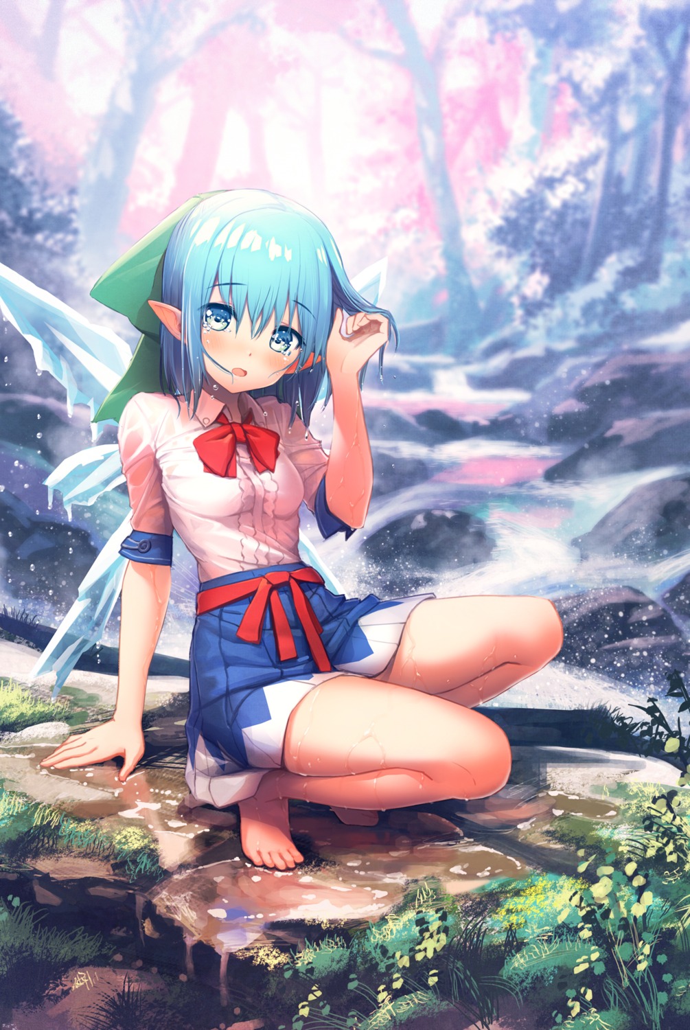 cirno, kurobuta_gekkan, pointy_ears, see_through, touhou, wet, wet_clothes, wings