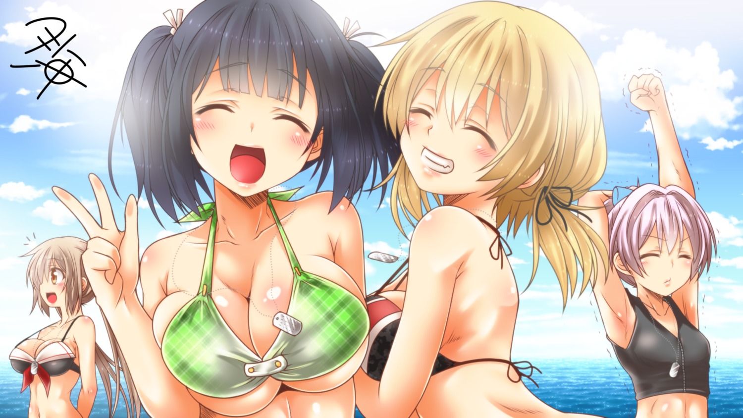 bikini_top, breast_hold, cleavage, kantai_collection, murasame_(kancolle), prinz_eugen_(kancolle), shiranui_(kancolle), souryuu_(kancolle)