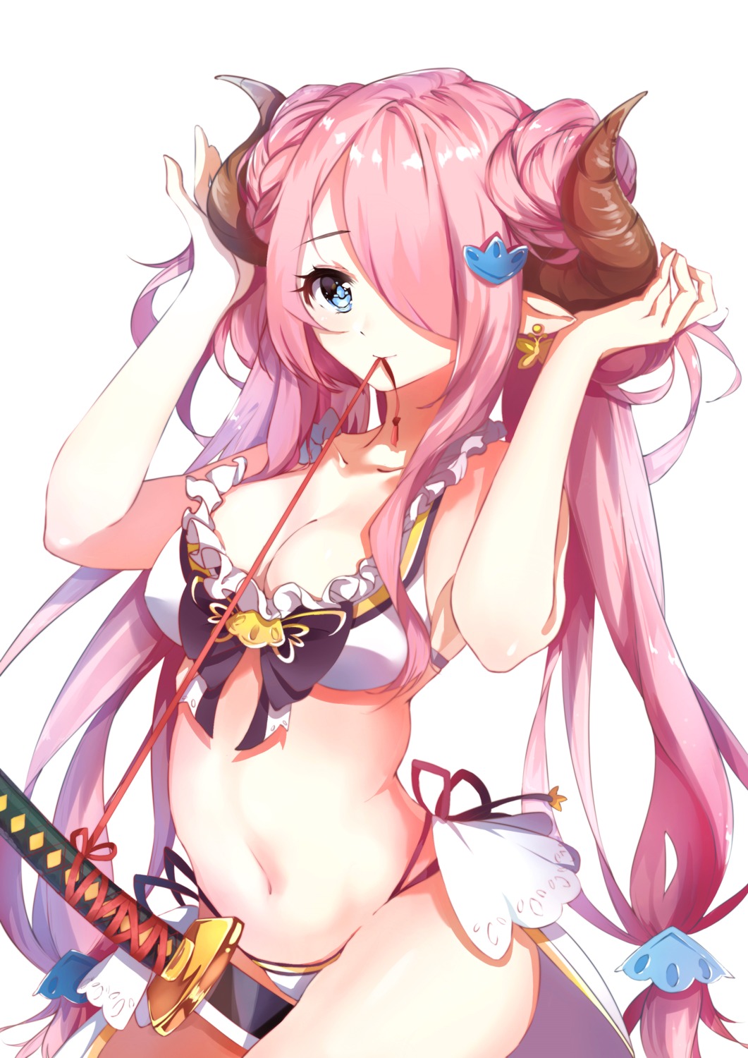 bikini, cleavage, granblue_fantasy, horns, huashengjiang, narumeia_(granblue_fantasy), pointy_ears, swimsuits, sword