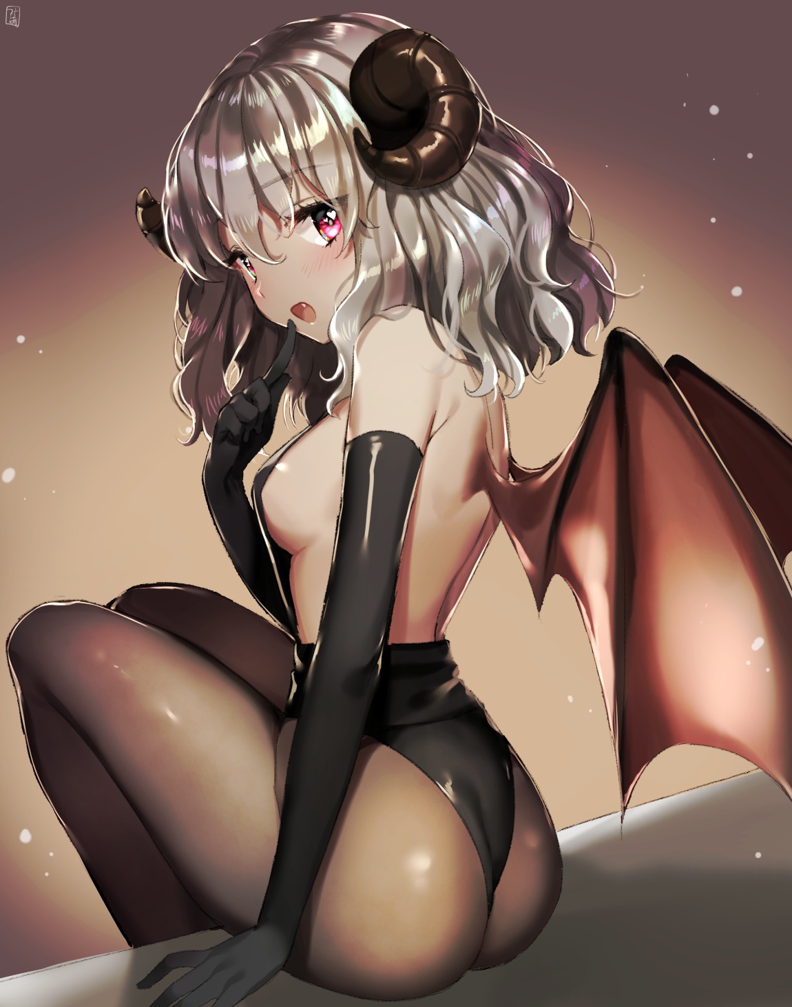 ass, gabe_(seelunto), horns, no_bra, pantyhose, wings