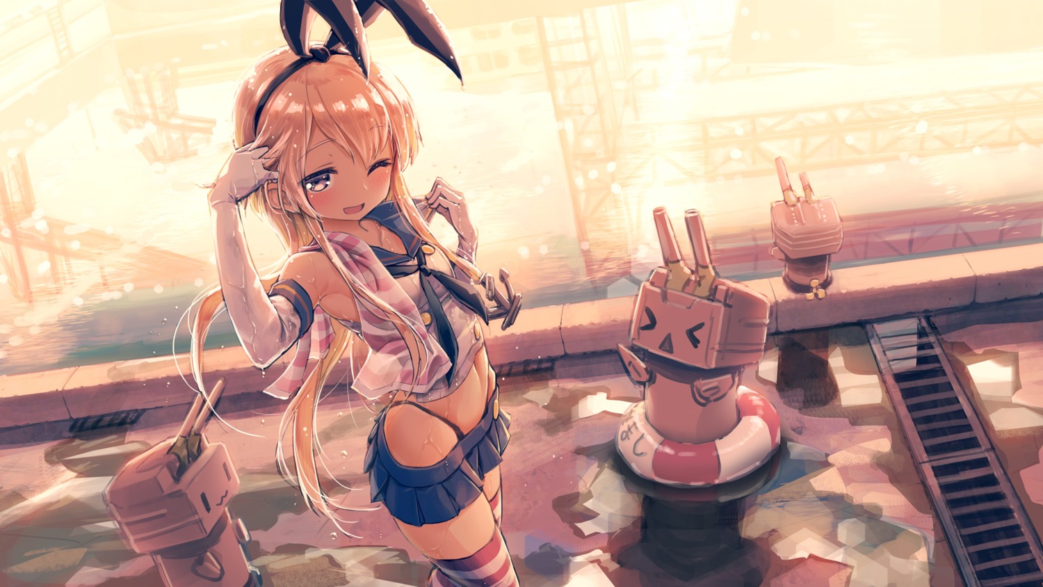 kantai_collection, kurobuta_gekkan, rensouhou-chan, shimakaze_(kancolle), thighhighs, thong, wallpaper, wet