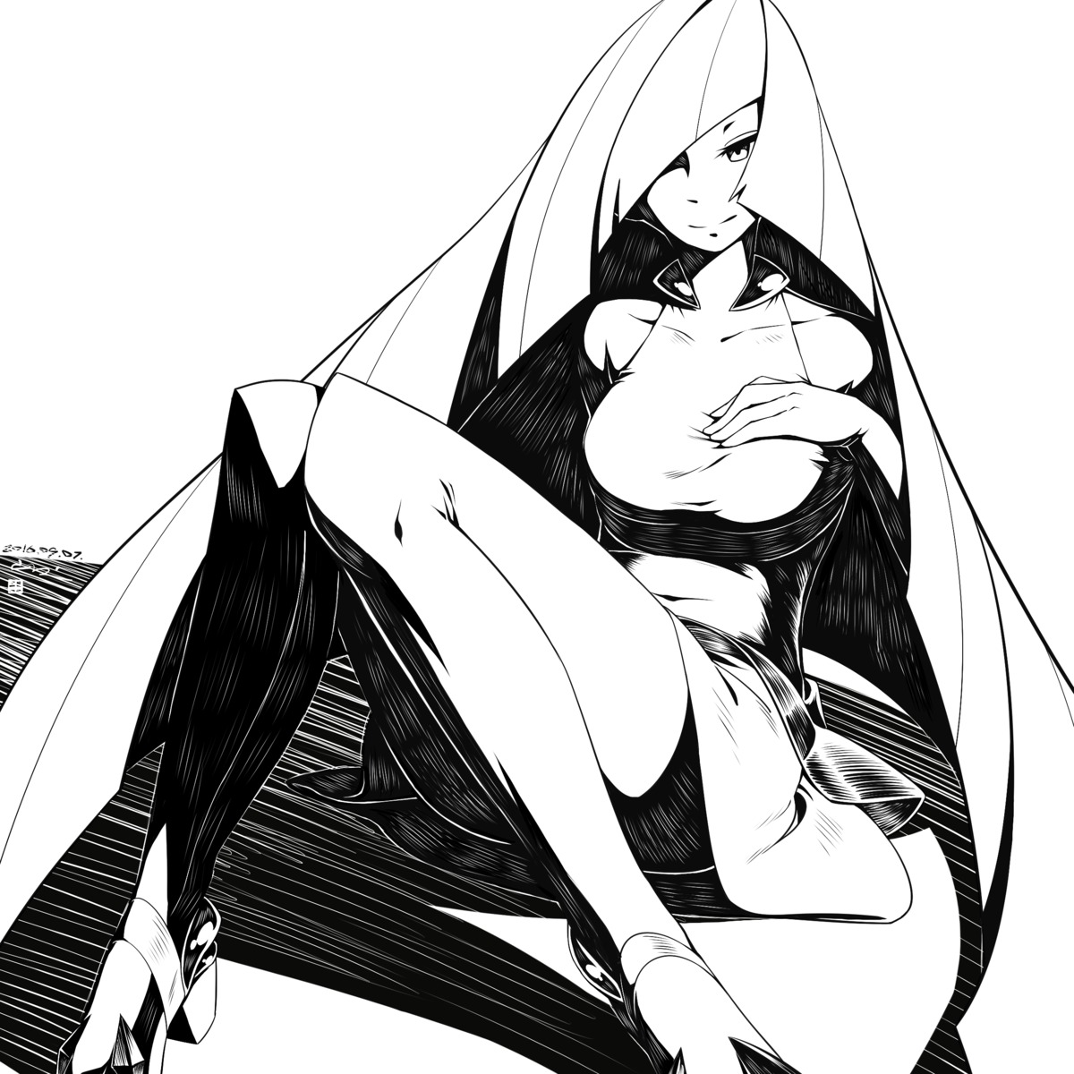breast_hold, dress, heels, lusamine_(pokemon), monochrome, pantyhose, pokemon, pokemon_sm