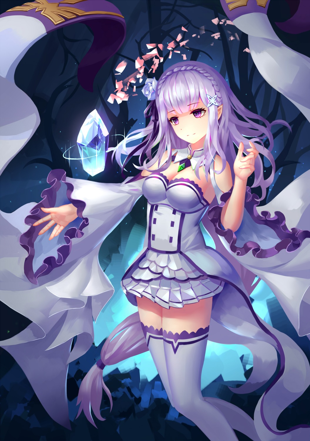 aaeru, cleavage, elf, emilia_(re_zero), pointy_ears, re:zero_kara_hajimeru_isekai_seikatsu, thighhighs