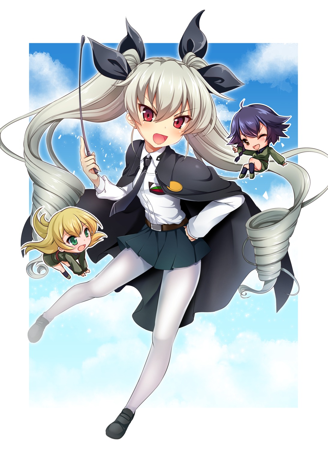 anchovy, carpaccio, chibi, girls_und_panzer, kuru2pantsu, pantyhose, pepperoni, uniform, weapon