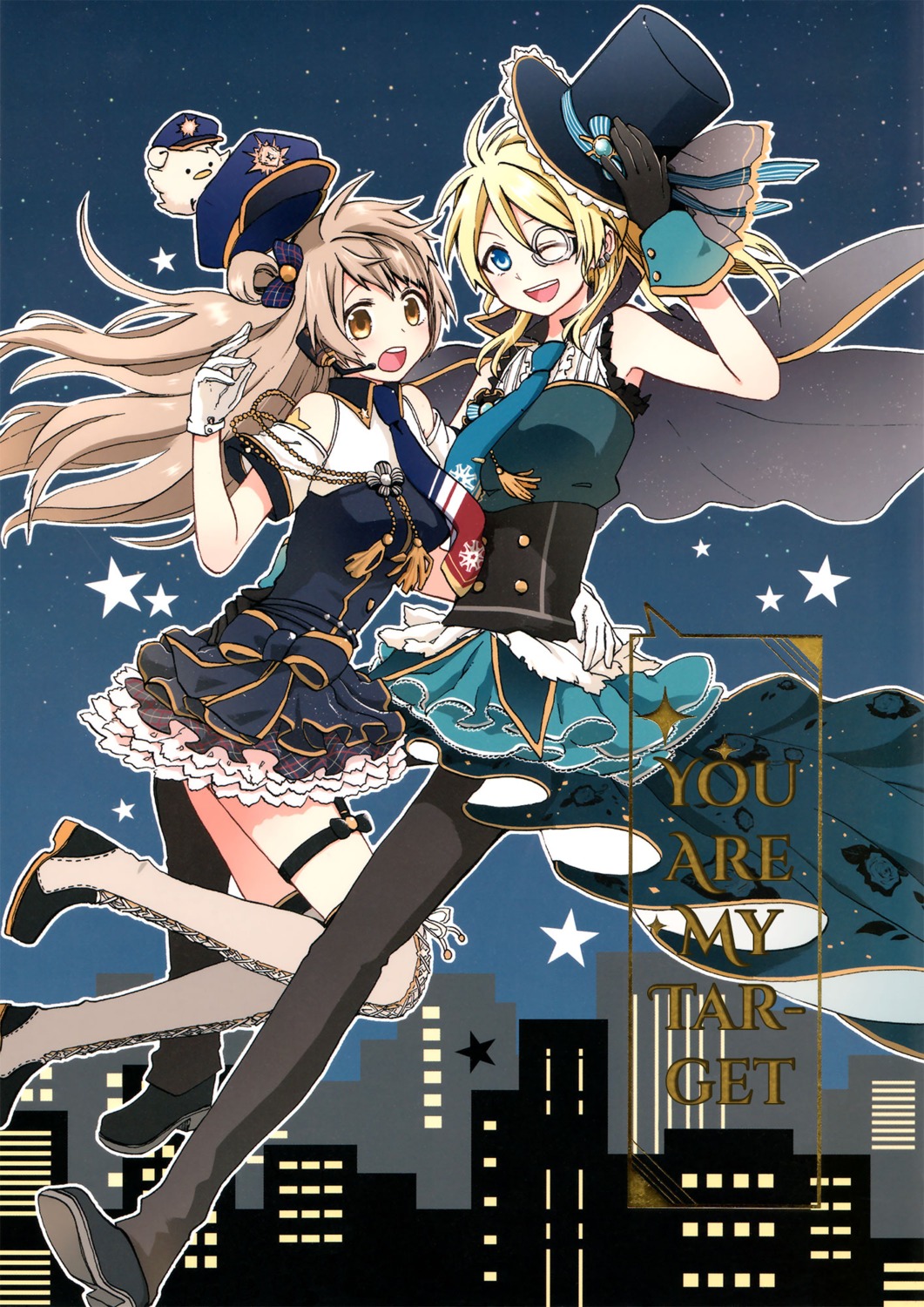ayase_eli, dress, garter, heels, love_live!, love_live!_(series), megane, minami_kotori, rita_(artist), thighhighs