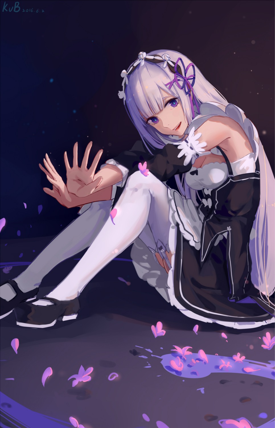 cleavage, cosplay, emilia_(re_zero), hfp~kubiao, maid, re:zero_kara_hajimeru_isekai_seikatsu, stockings, thighhighs