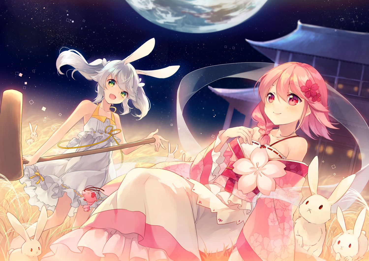animal_ears, bunny_ears, dress, japanese_clothes, sergestid_shrimp_in_tungkang, shinia