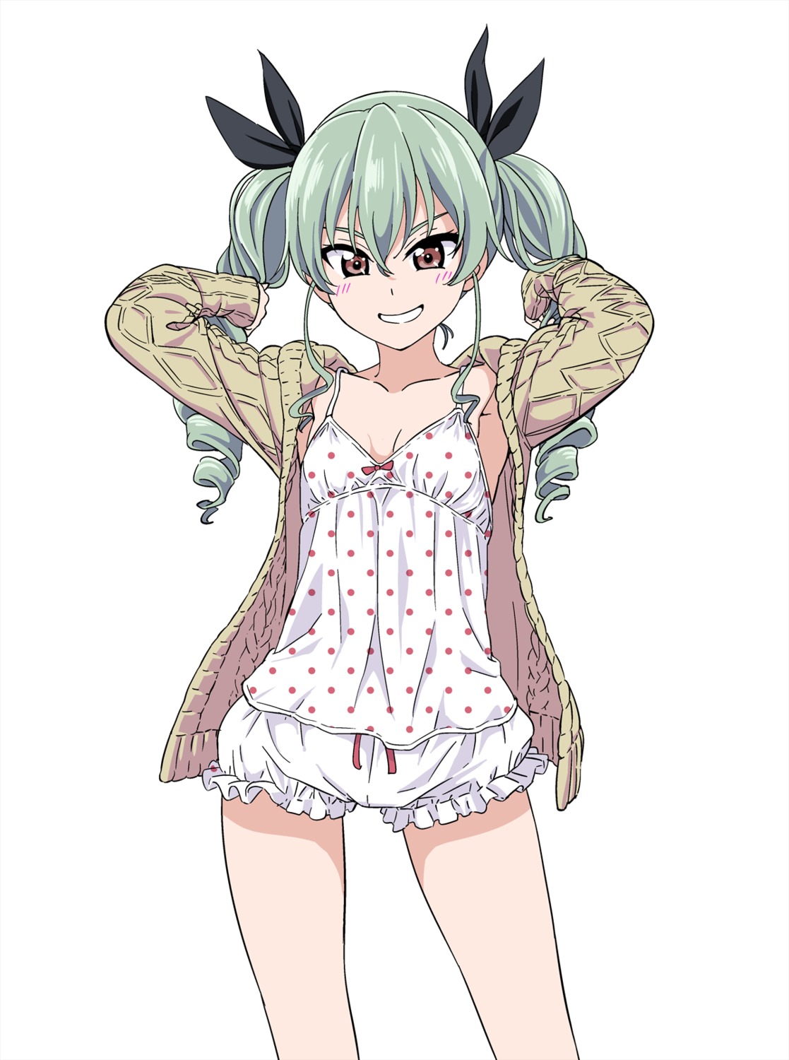 anchovy, bloomers, cleavage, girls_und_panzer, hiroyuki_(artist), open_shirt, pajama, sweater
