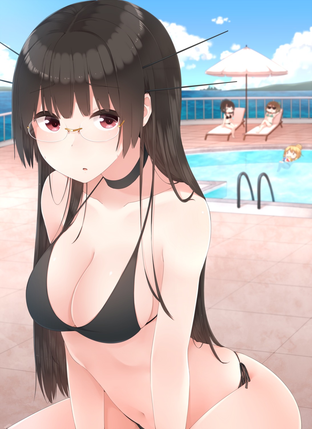 atago_(kancolle), bikini, choukai_(kancolle), cleavage, kantai_collection, maya_(kancolle), megane, swimsuits
