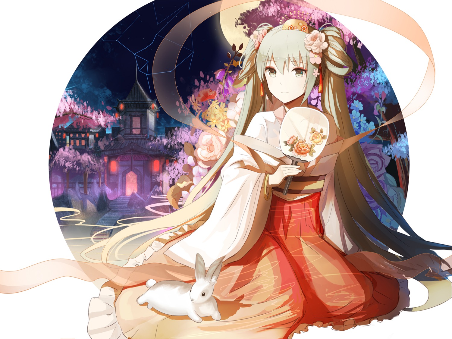 asian_clothes, chuushuu_meigetsu_miku, hatsune_miku, red_flowers, vocaloid