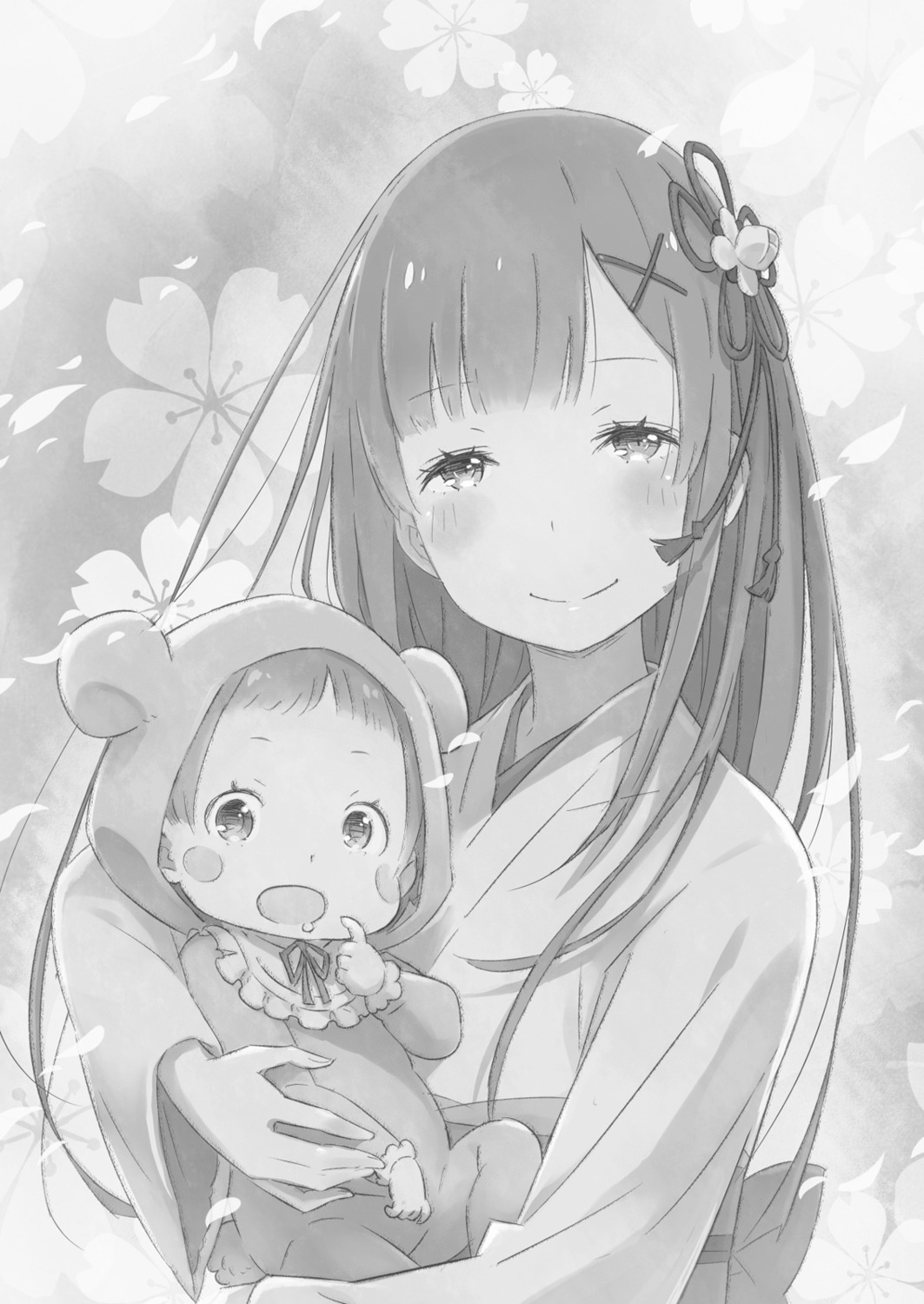 animal_ears, monochrome, natsuki_spica, ootsuka_shinichirou, re:zero_kara_hajimeru_isekai_seikatsu, rem_(re_zero), tail, yukata