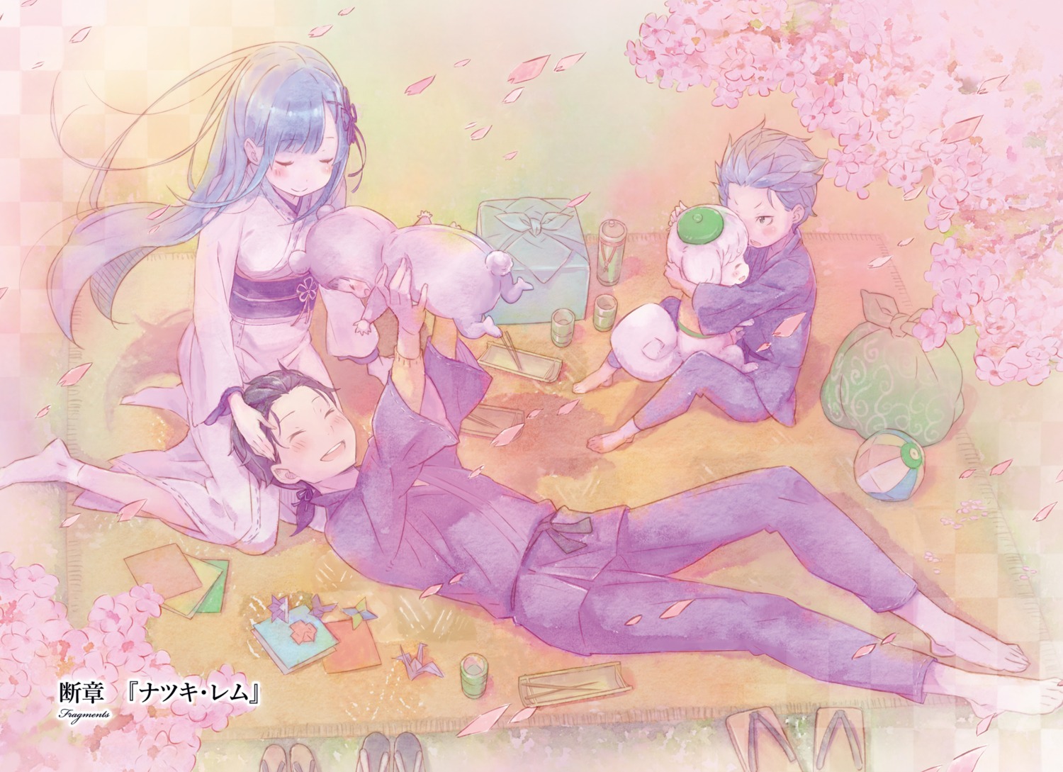 animal_ears, digital_version, natsuki_spica, natsuki_subaru, ootsuka_shinichirou, re:zero_kara_hajimeru_isekai_seikatsu, rem_(re_zero), tail, yukata