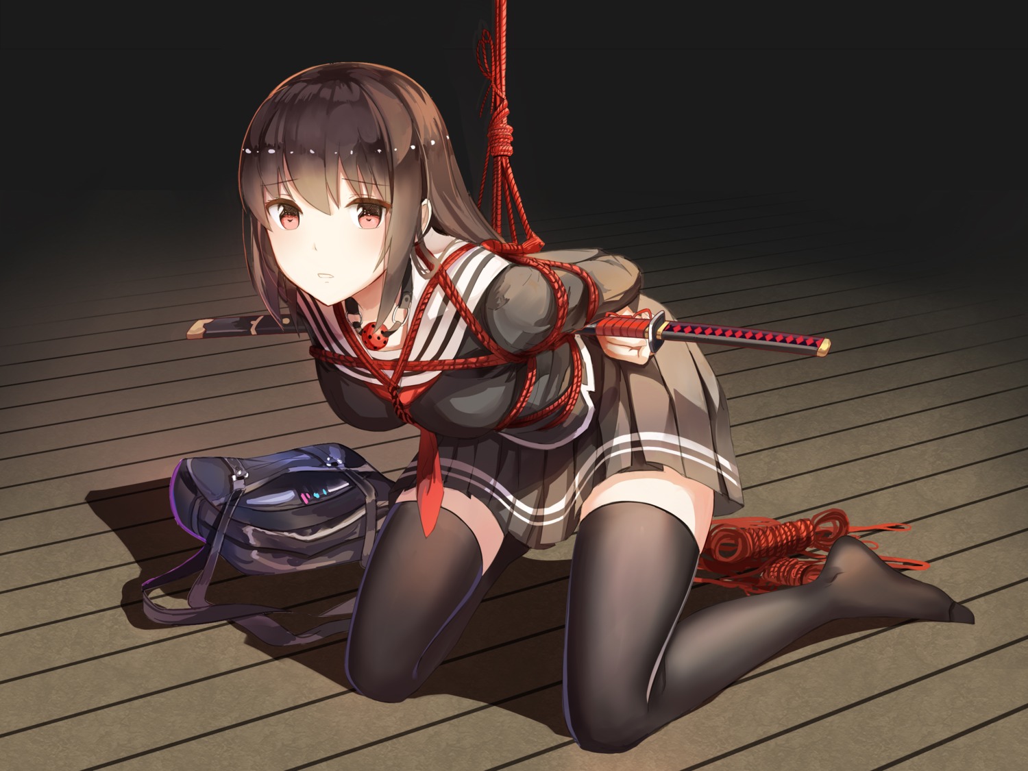 bondage, red_flowers, seifuku, sword, thighhighs