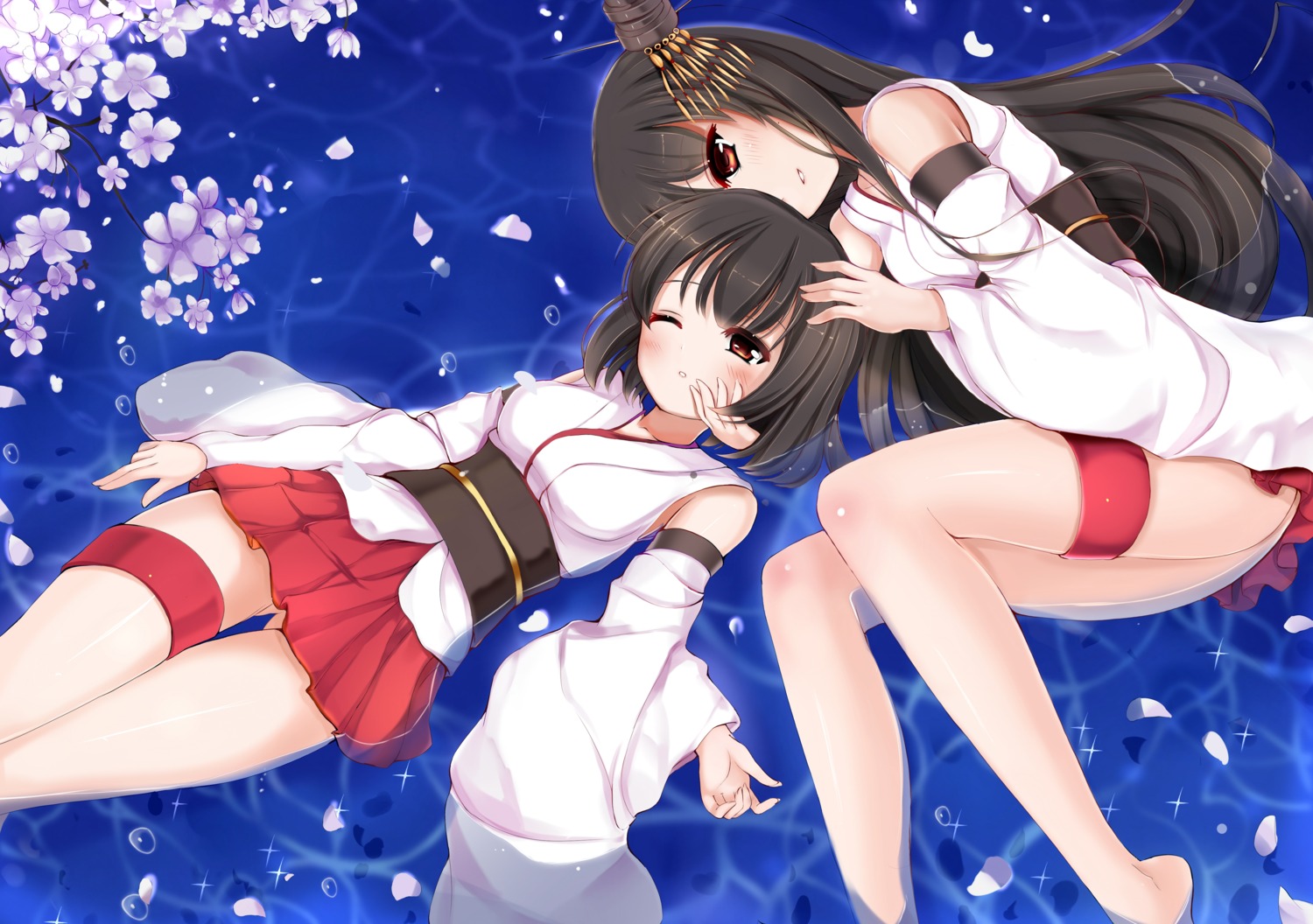 fusou_(kancolle), garter, japanese_clothes, kantai_collection, urara_(artist), wet, yamashiro_(kancolle)