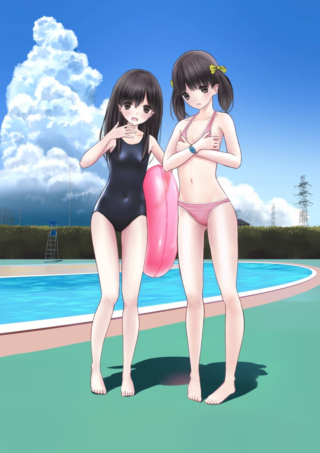 bikini, breast_hold, chikuwa_(odennabe), cleavage, feet, school_swimsuit, swimsuits