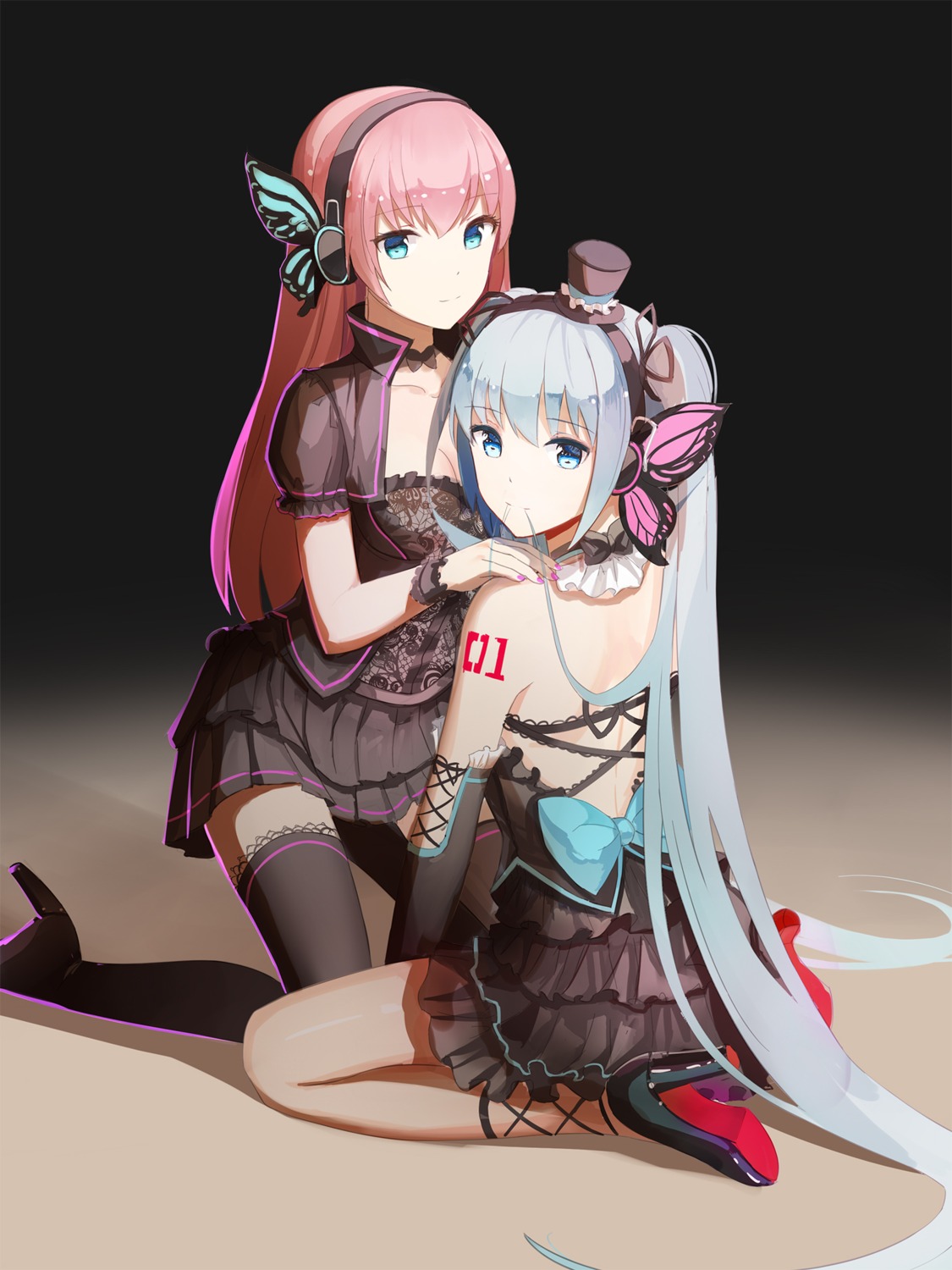 cleavage, dress, hatsune_miku, headphones, heels, magnet_(vocaloid), megurine_luka, red_flowers, tattoo, vocaloid