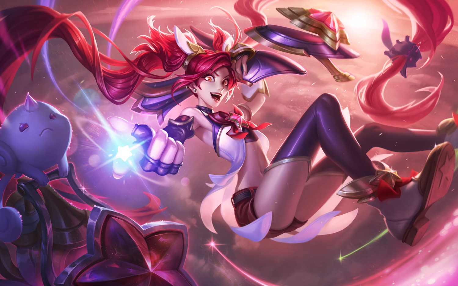 jinx, kuro_(league_of_legends), league_of_legends, open_shirt, shiro_(league_of_legends), thighhighs, wallpaper