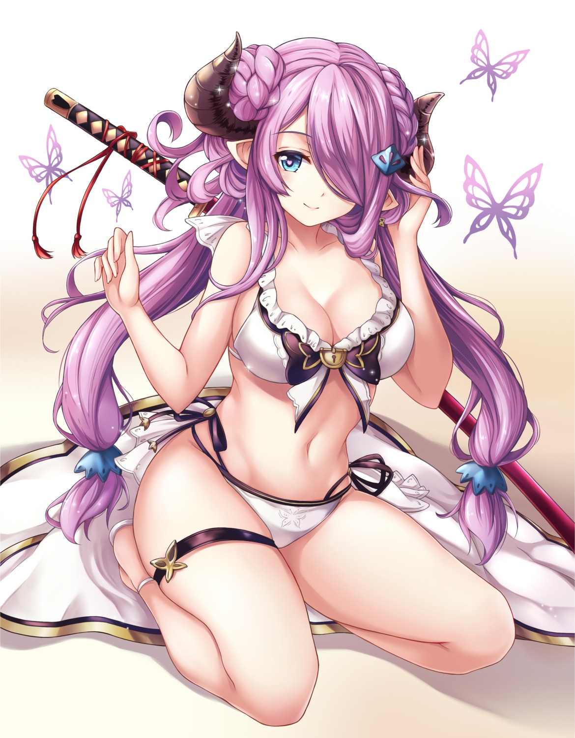 bikini, cleavage, garter, granblue_fantasy, horns, narumeia_(granblue_fantasy), pointy_ears, swimsuits