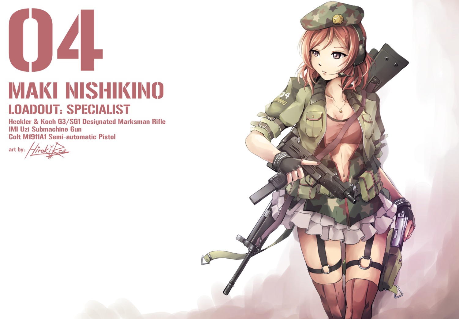 bra, cleavage, gun, headphones, hiroki_ree, love_live!, love_live!_(series), nishikino_maki, open_shirt, thighhighs, uniform
