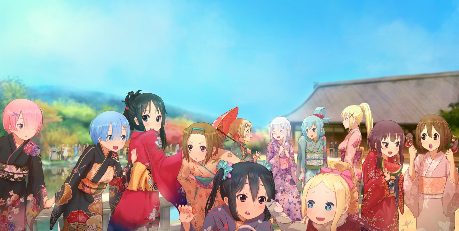 akiyama_mio, aqua_(konosuba), beatrice_(re_zero), crossover, dustiness_ford_raratina, emilia_(re_zero), hirasawa_yui, k-on!