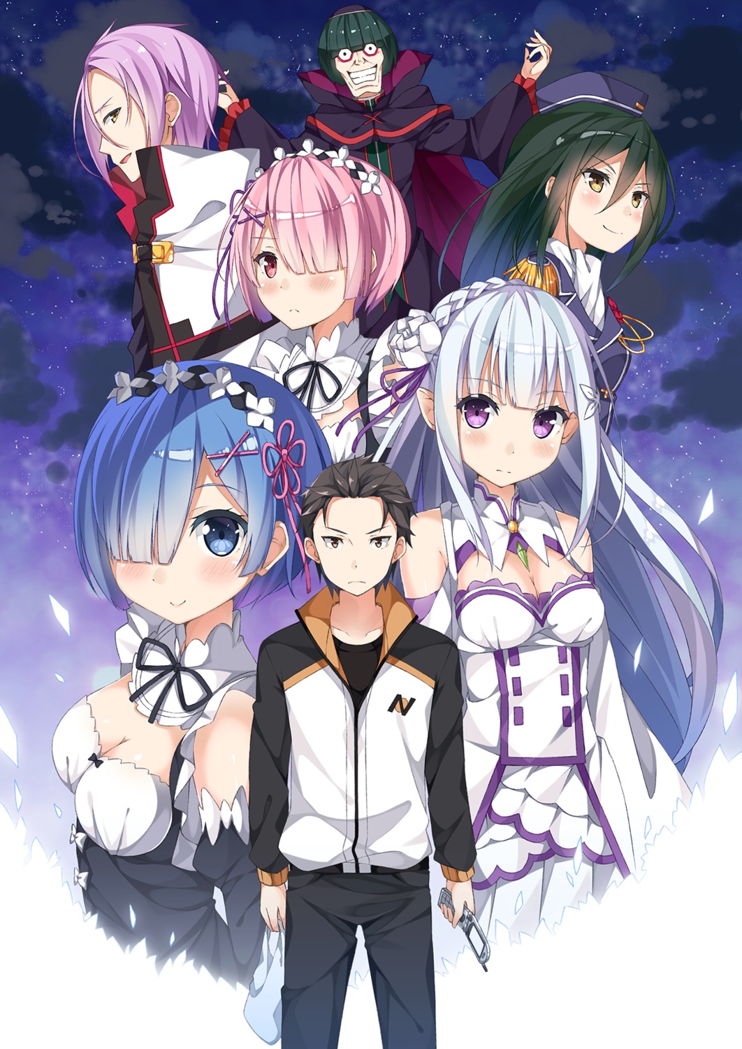 cleavage, crusch_karsten, elf, emilia_(re_zero), julius_juukulius, maid, natsuki_subaru, petelgeuse_romaneeconti