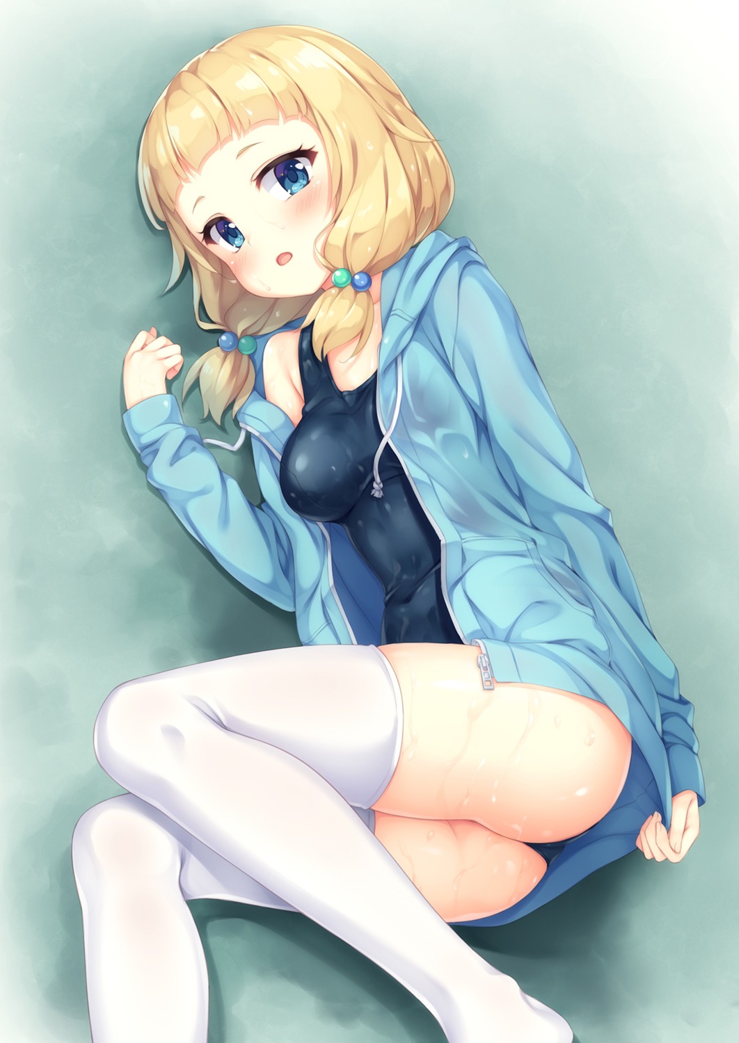 ass, new_game!, open_shirt, sakura_nene, school_swimsuit, swimsuits, thighhighs, tomifumi, wet, wet_clothes