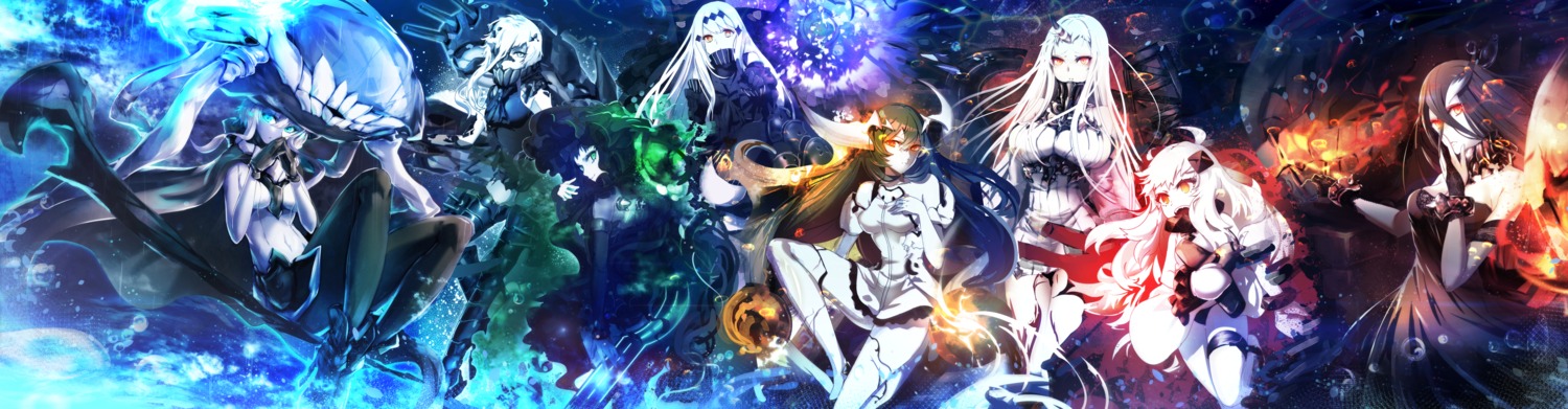 aircraft_carrier_water_oni, battleship_water_oni, bodysuit, cibo_(killy), cleavage, dress, garter, horns