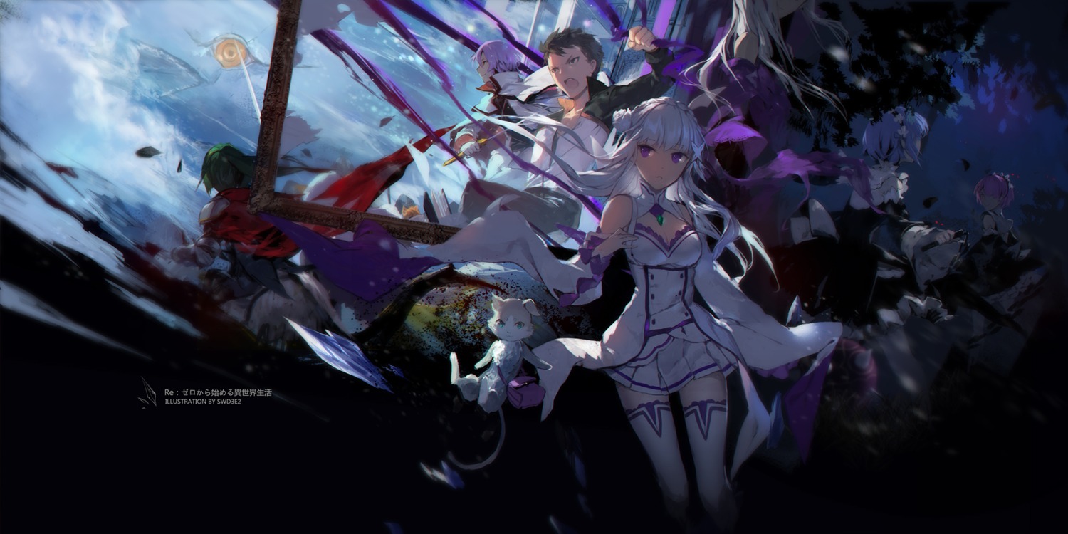 armor, cleavage, emilia_(re_zero), maid, natsuki_subaru, neko, pack_(re_zero), ram_(re_zero), re:zero_kara_hajimeru_isekai_seikatsu, rem_(re_zero), satella_(re_zero), swd3e2, sword, thighhighs, weapon