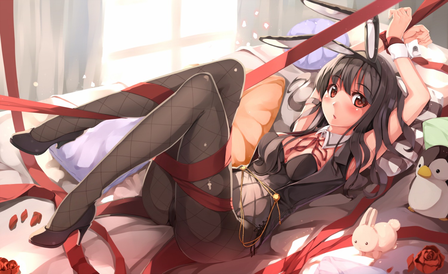 animal_ears, bondage, bunny_ears, bunny_girl, cleavage, fishnets, heels, pantsu