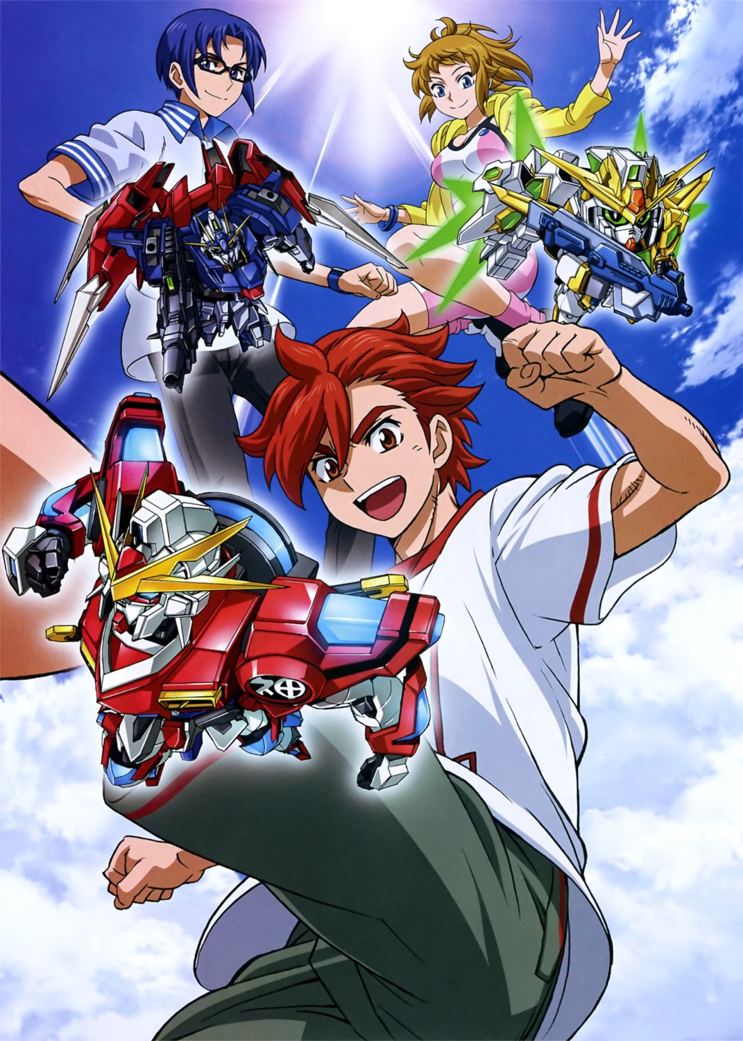 bike_shorts, cleavage, gun, gundam, gundam_build_fighters, gundam_build_fighters_try, hoshino_fumina, kamiki_sekai