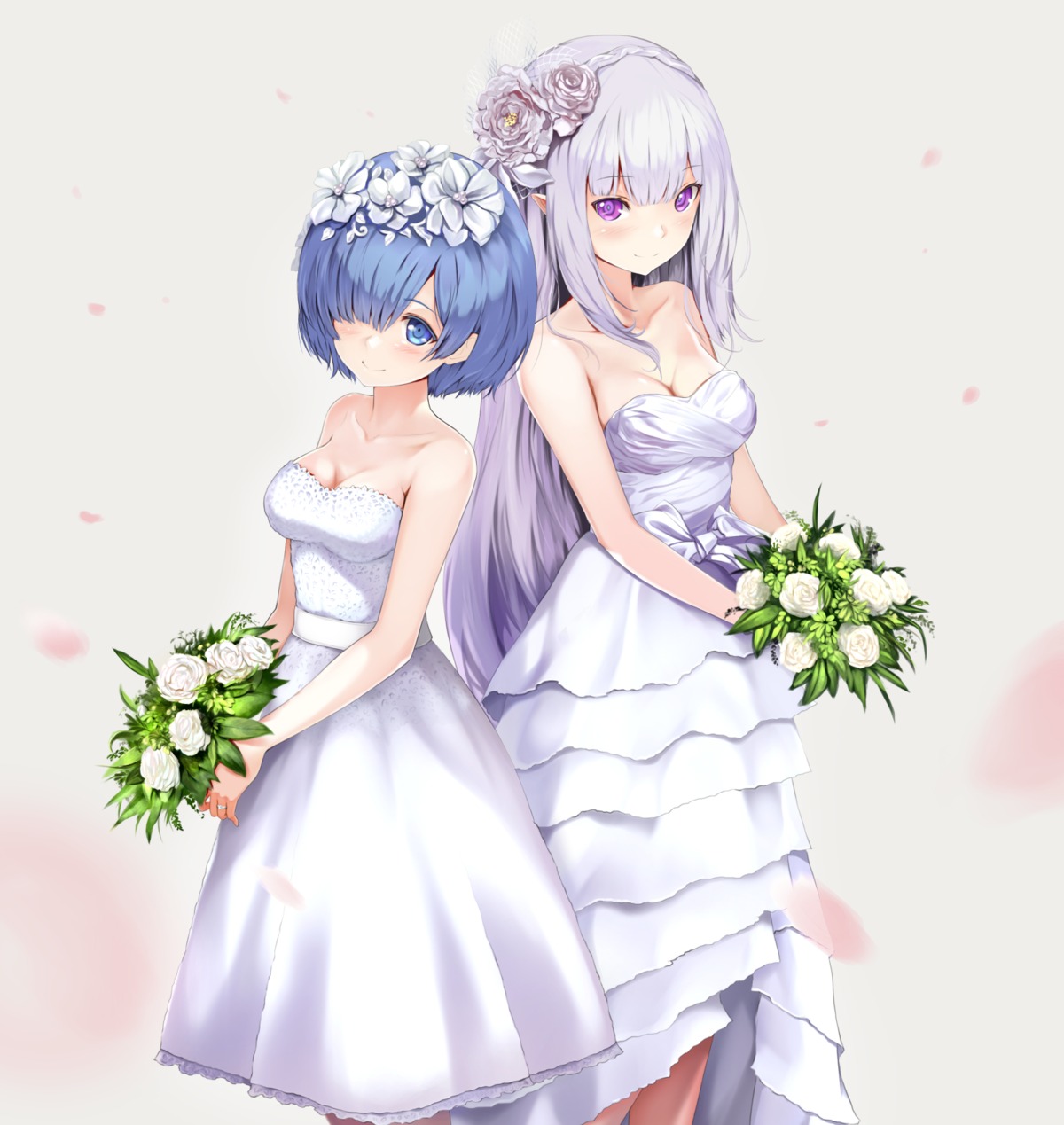 cleavage, dress, elf, emilia_(re_zero), ep_(emio_parn), pointy_ears, re:zero_kara_hajimeru_isekai_seikatsu, rem_(re_zero), wedding_dress