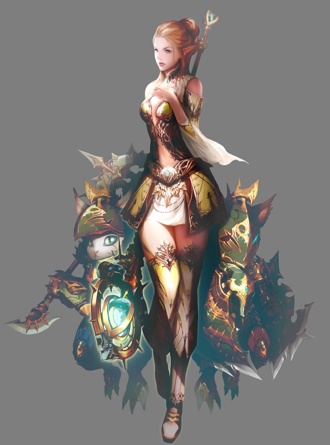 armor, breast_hold, cleavage, human, lineage_2, neko, no_bra, pointy_ears