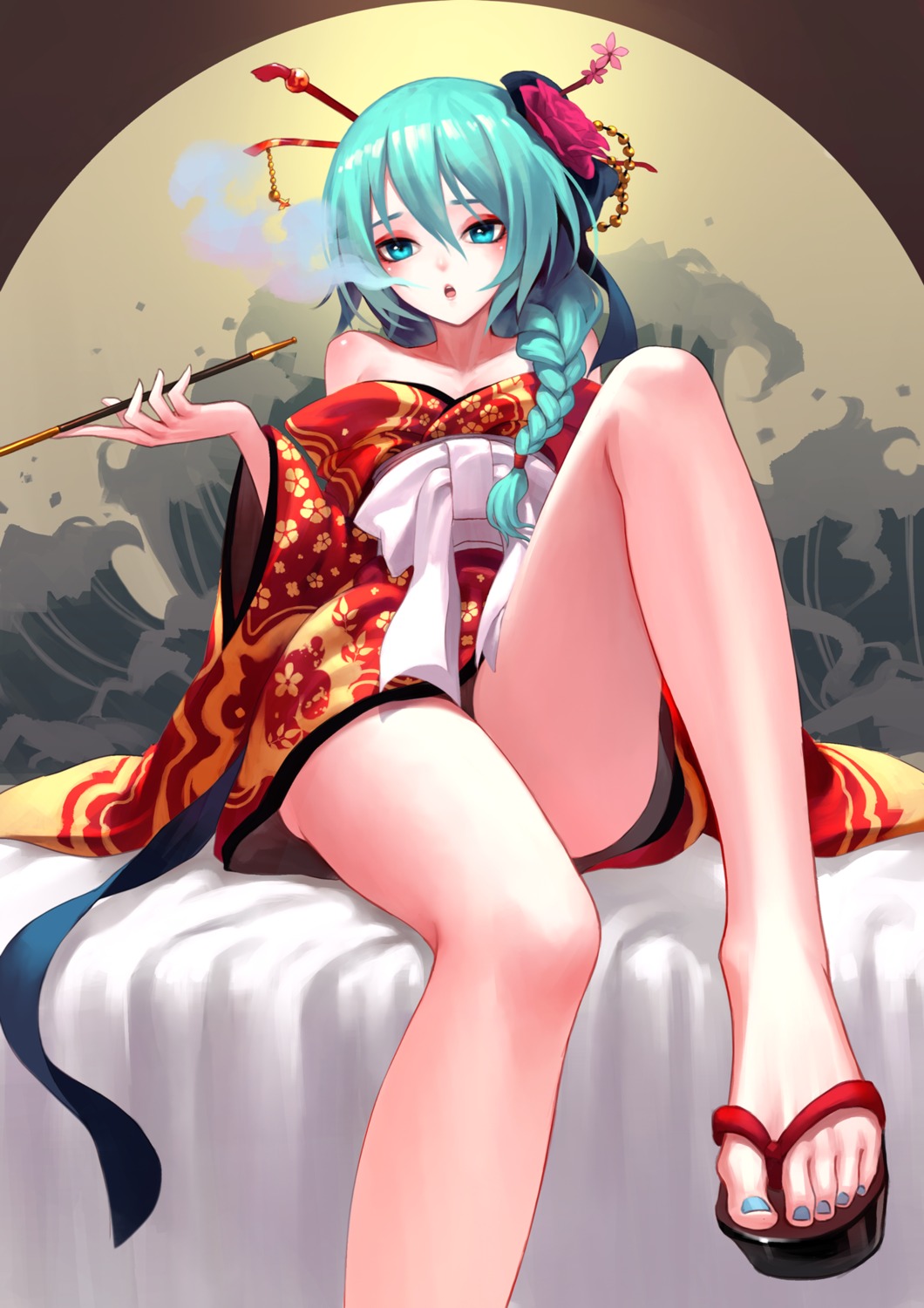 feet, hatsune_miku, kimono, open_shirt, smoking, vocaloid, zengxianxin